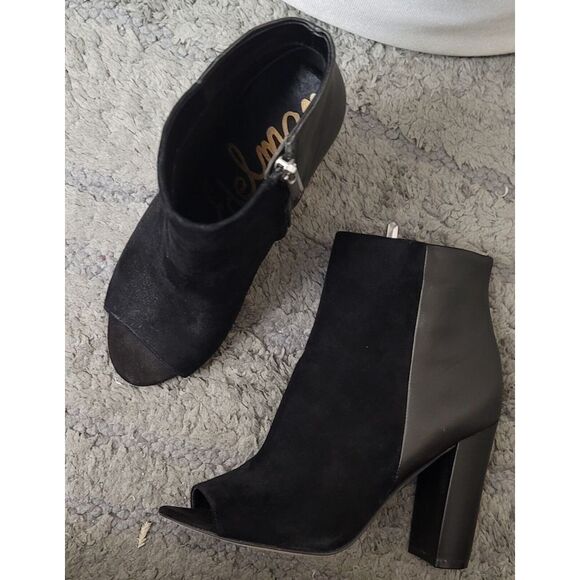 Sam Edelman Women's Yarin Suede Leather Black‎ Zip Peep Toe Heel Boots Size 6.5 - Picture 1 of 9